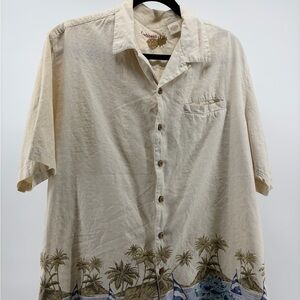 Caribbean Shirt Mens Large Beige Silk Blend Short Sleeve Button Hawaiian Beach